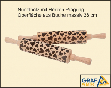 Nudelholz mit Herzen Präge Oberfläche aus Buche massiv 38 cm