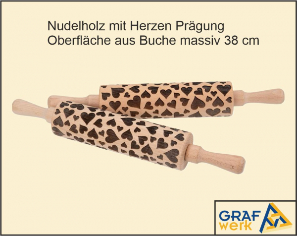 Nudelholz mit Herzen Präge Oberfläche aus Buche massiv 38 cm