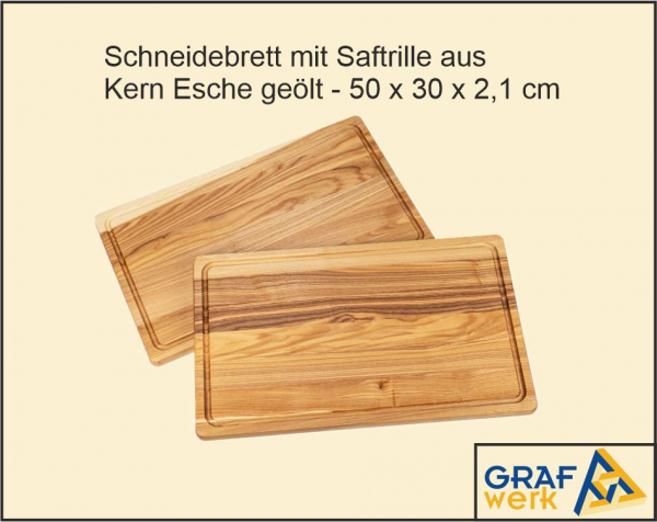 Schneidebrett mit Saftrille aus Kern Esche geölt - 50 x 30 x 2,1 cm